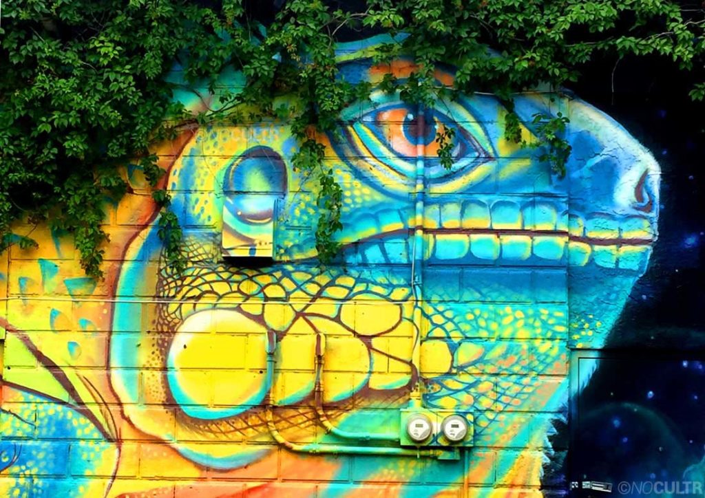 Florida Gulf Coast native artist and muralist Derek Donnelly coats another reptilian creature in a Central Avenue back alley of St. Petersburg. Donnelly's work is featured from corner to corner of the city, much of which was added for Shine on St. Pete...